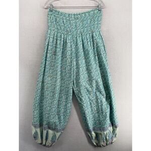 HENNA Pants OS Boho Ditsy Floral Smocked Waisted Lounge Harem Cuffed Blue